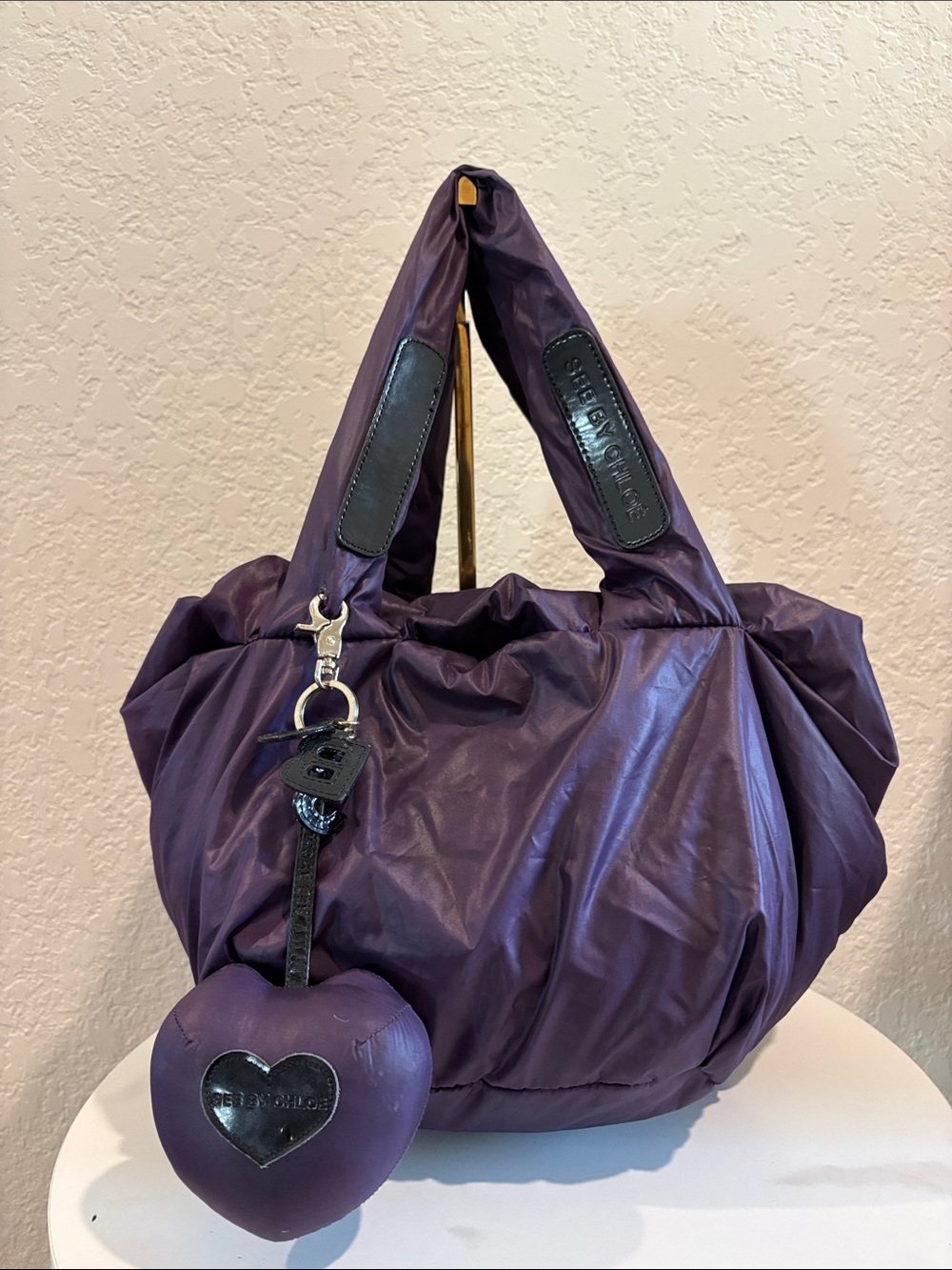 See by Chloe Purple Nylon Mini Tote Bag with Heart Charm